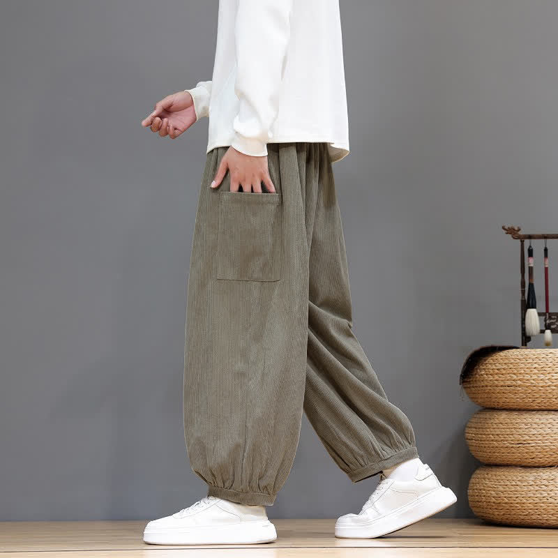 Buddha Stones Pantalones cortos de pana lisos con cordón ajustable para hombre, estilo harem, con bolsillos, ideales para otoño e invierno. - image 33