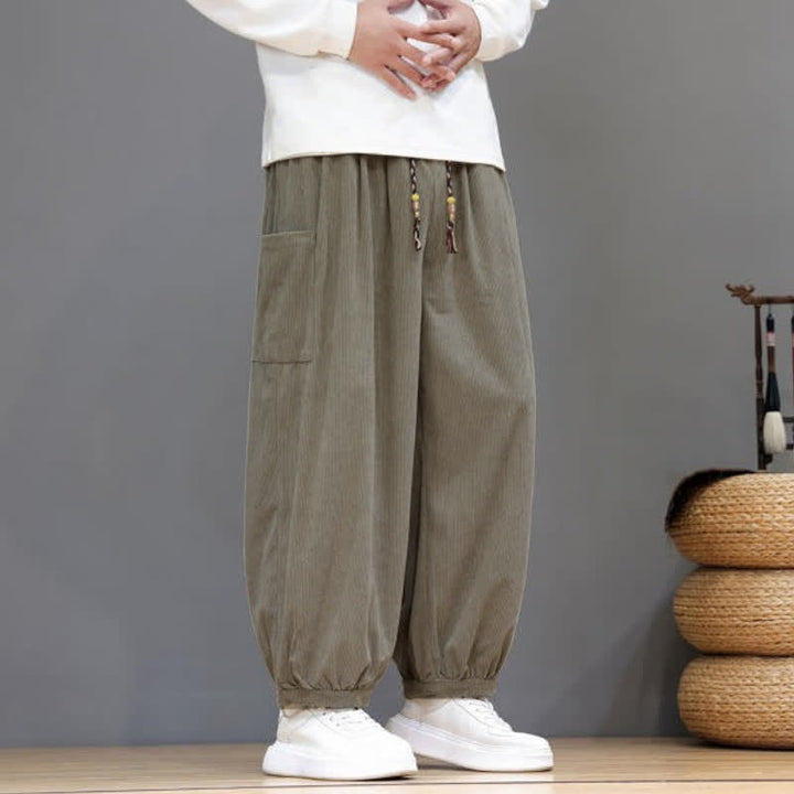 Buddha Stones Pantalones cortos de pana lisos con cordón ajustable para hombre, estilo harem, con bolsillos, ideales para otoño e invierno. - image 30