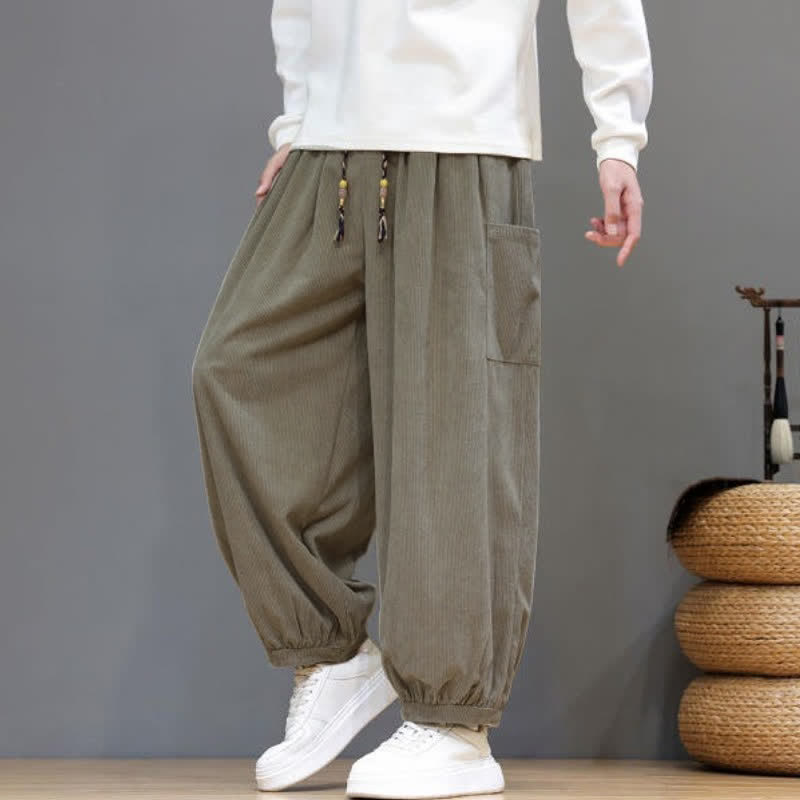 Buddha Stones Pantalones cortos de pana lisos con cordón ajustable para hombre, estilo harem, con bolsillos, ideales para otoño e invierno. - image 34
