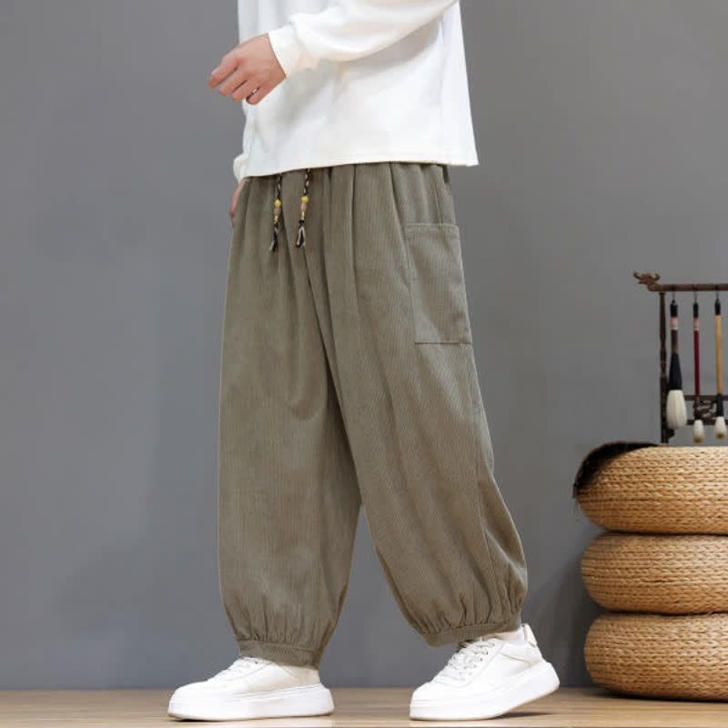 Buddha Stones Pantalones cortos de pana lisos con cordón ajustable para hombre, estilo harem, con bolsillos, ideales para otoño e invierno. - Broncearse - US/UK/AU48, EU58 (5XL) - image 29