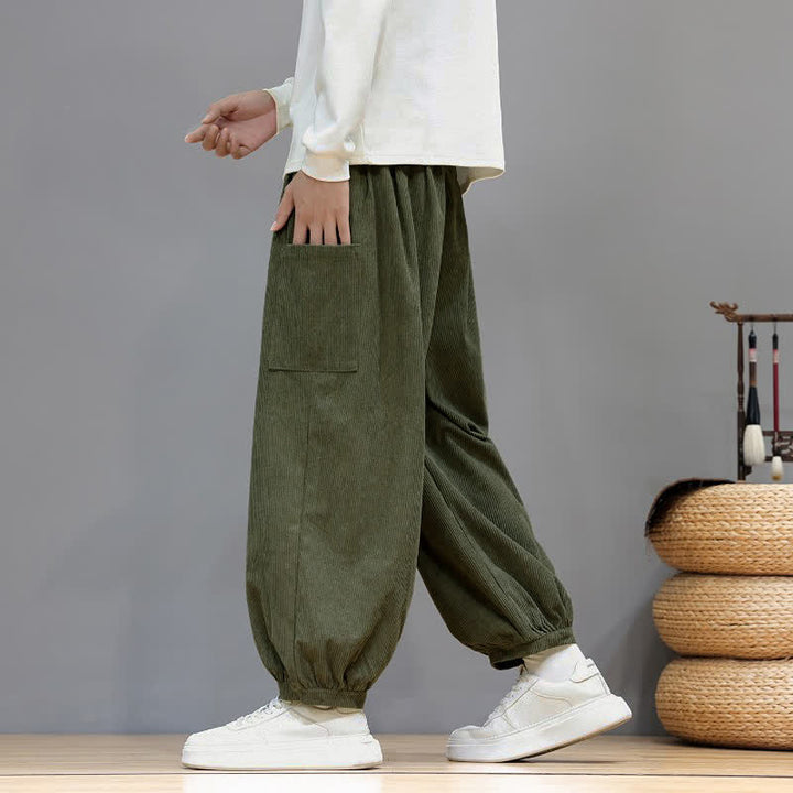 Buddha Stones Pantalones cortos de pana lisos con cordón ajustable para hombre, estilo harem, con bolsillos, ideales para otoño e invierno. - image 39