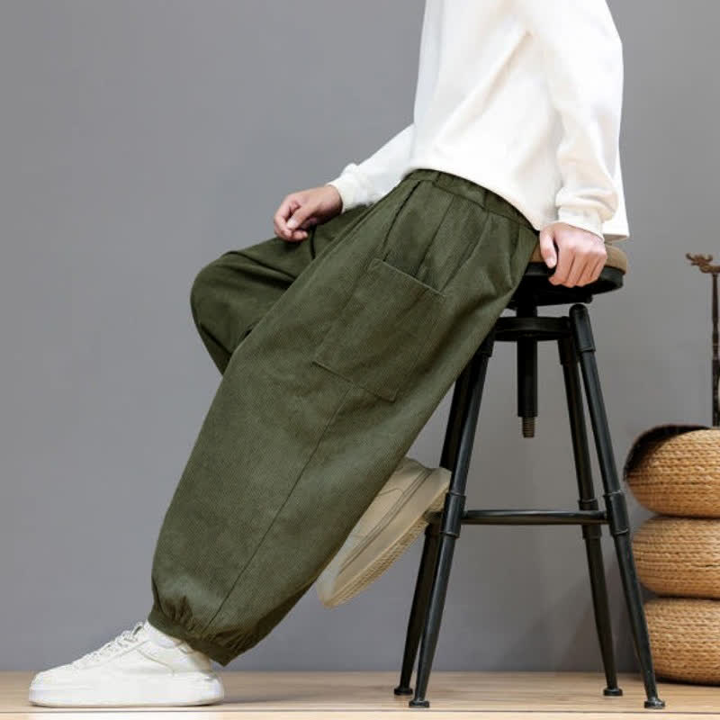 Buddha Stones Pantalones cortos de pana lisos con cordón ajustable para hombre, estilo harem, con bolsillos, ideales para otoño e invierno. - image 43