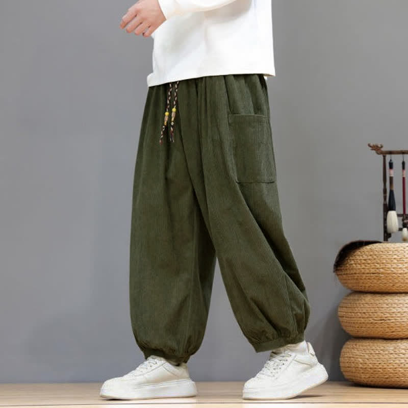 Buddha Stones Pantalones cortos de pana lisos con cordón ajustable para hombre, estilo harem, con bolsillos, ideales para otoño e invierno. - image 41