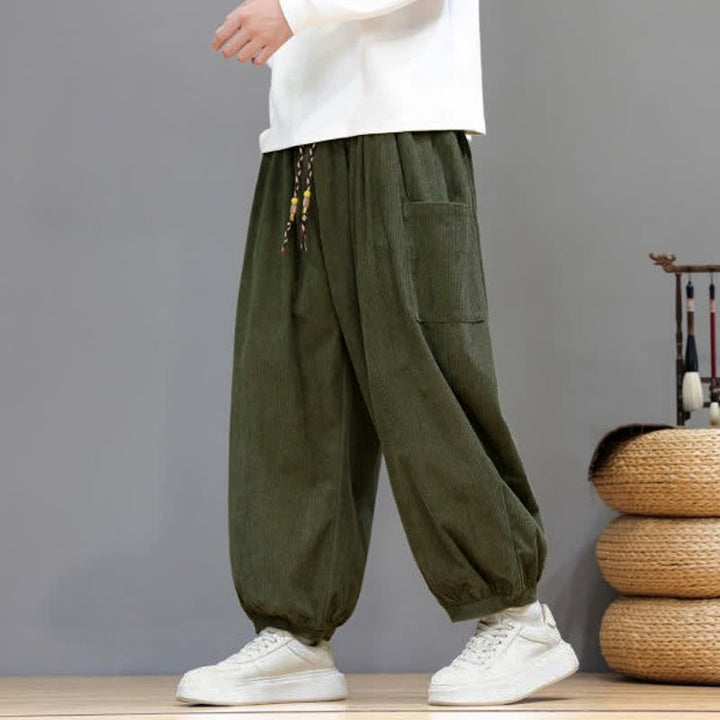 Buddha Stones Pantalones cortos de pana lisos con cordón ajustable para hombre, estilo harem, con bolsillos, ideales para otoño e invierno. - image 41