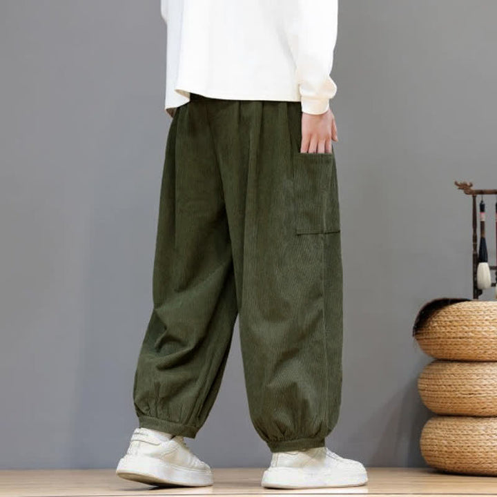 Buddha Stones Pantalones cortos de pana lisos con cordón ajustable para hombre, estilo harem, con bolsillos, ideales para otoño e invierno. - image 38
