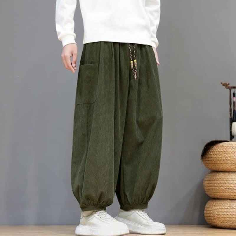 Buddha Stones Pantalones cortos de pana lisos con cordón ajustable para hombre, estilo harem, con bolsillos, ideales para otoño e invierno. - image 42