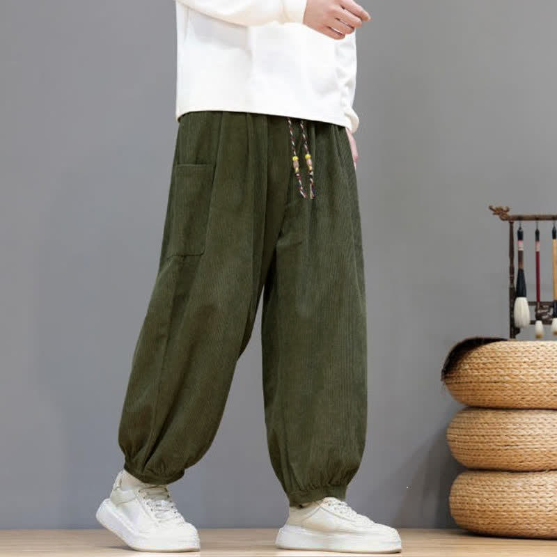 Buddha Stones Pantalones cortos de pana lisos con cordón ajustable para hombre, estilo harem, con bolsillos, ideales para otoño e invierno. - image 36