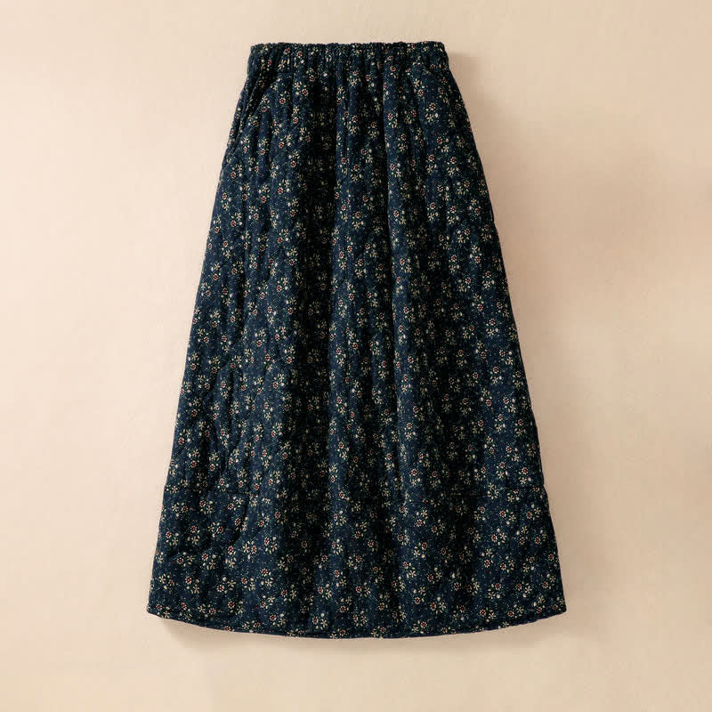 Buddha Stones Falda elegante de mujer azul acero con estampado floral vintage para otoño/invierno con bolsillos. - image 1