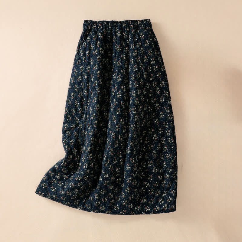 Buddha Stones Falda elegante de mujer azul acero con estampado floral vintage para otoño/invierno con bolsillos. - Azul acero - US6，UK/AU10，EU38 (XL) - image 0