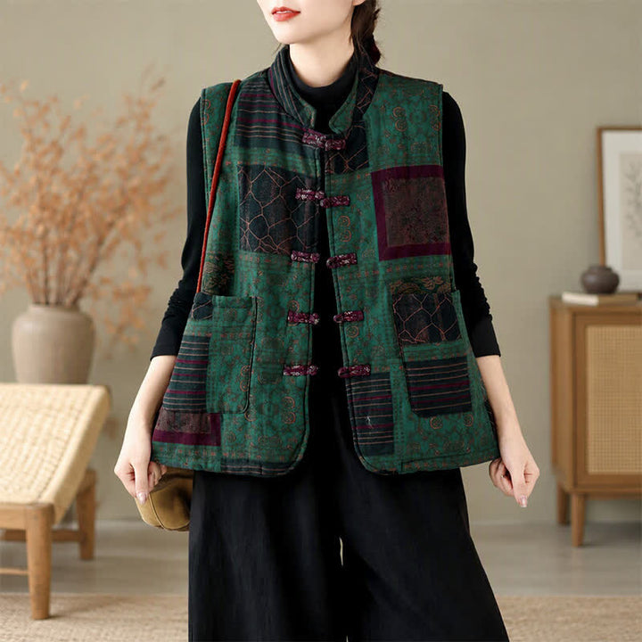 Buddha Stones Chaleco de mujer con cuello mandarín y diseño patchwork, estilo vintage Tang, ideal para otoño/invierno. - image 14