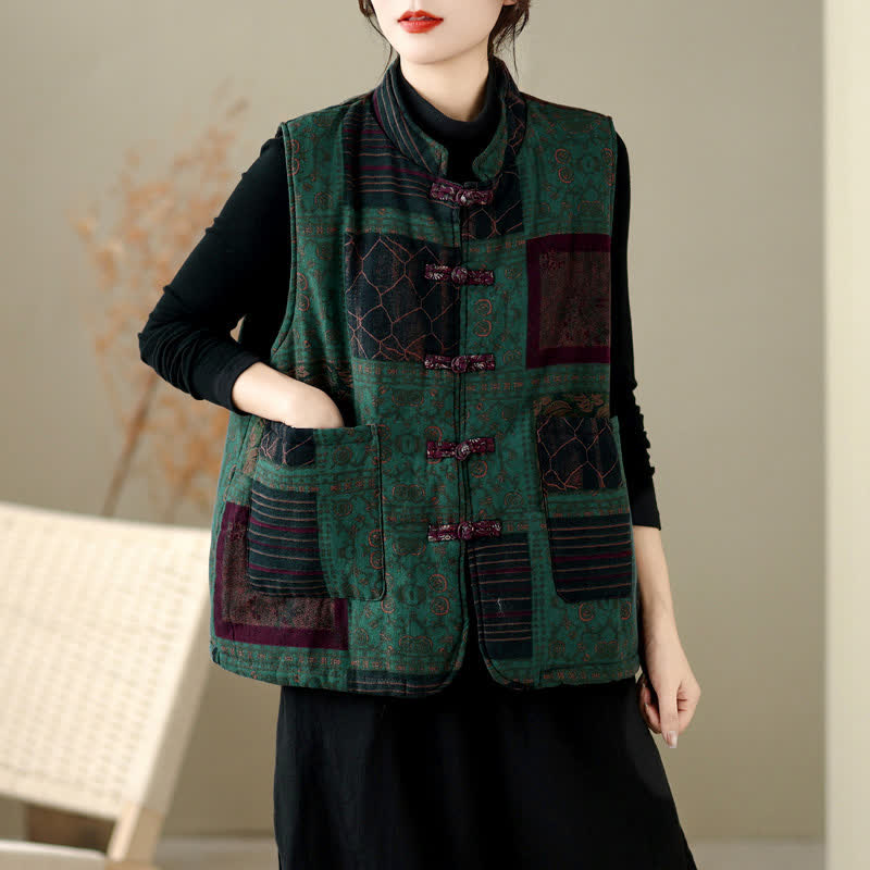 Buddha Stones Chaleco de mujer con cuello mandarín y diseño patchwork, estilo vintage Tang, ideal para otoño/invierno. - Verde azulado - US8-10, UK/AU12-14, EU40-42 (XL) - image 13