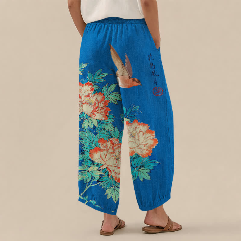 Buddha Stones Pantalones harem de algodón rojo con estampado de peonías y caligrafía, cintura elástica plisada para mujer y bolsillos. - image 2
