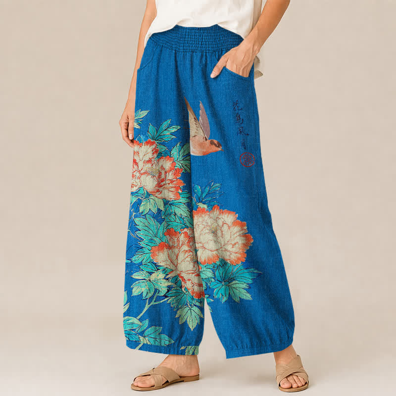 Buddha Stones Pantalones harem de algodón rojo con estampado de peonías y caligrafía, cintura elástica plisada para mujer y bolsillos. - image 1