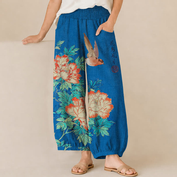 Buddha Stones Pantalones harem de algodón rojo con estampado de peonías y caligrafía, cintura elástica plisada para mujer y bolsillos. - Azul real - US16，UK/AU20，EU48 (3XL) - image 0