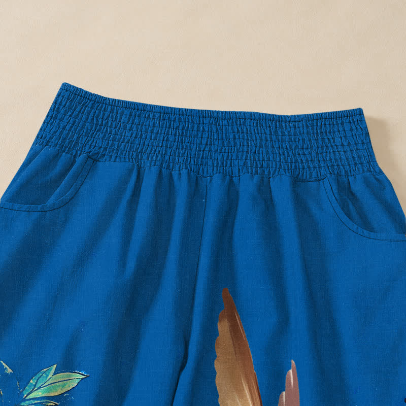 Buddha Stones Pantalones harem de algodón rojo con estampado de peonías y caligrafía, cintura elástica plisada para mujer y bolsillos. - image 4
