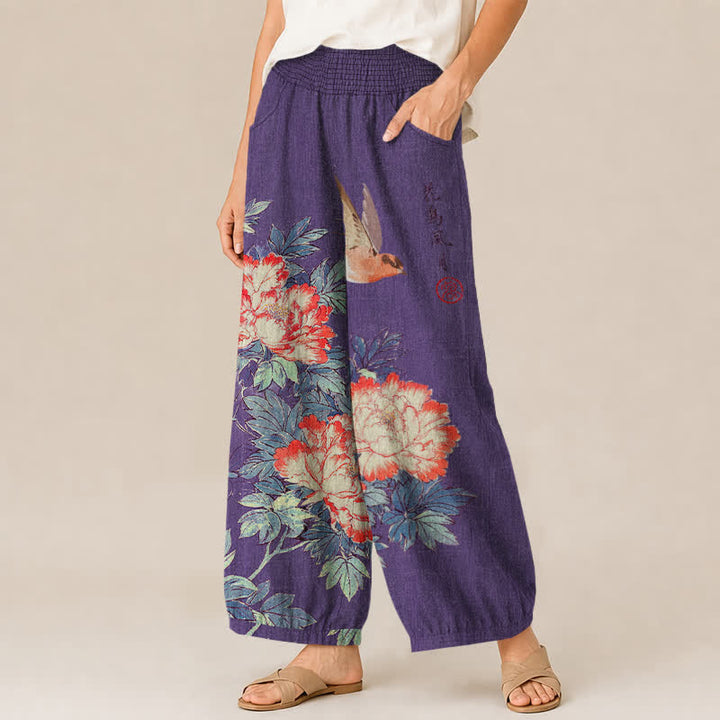 Buddha Stones Pantalones harem de algodón rojo con estampado de peonías y caligrafía, cintura elástica plisada para mujer y bolsillos. - image 7