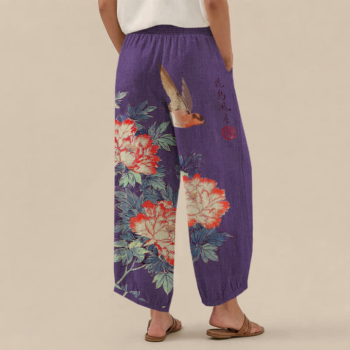 Buddha Stones Pantalones harem de algodón rojo con estampado de peonías y caligrafía, cintura elástica plisada para mujer y bolsillos. - image 8