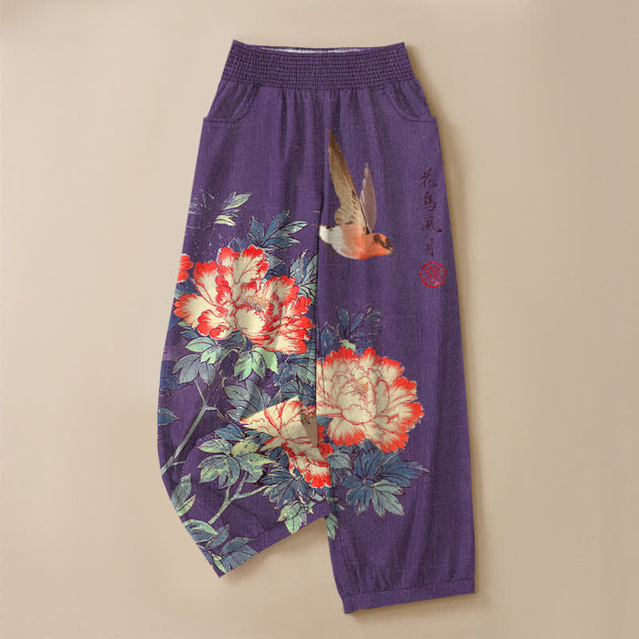 Buddha Stones Pantalones harem de algodón rojo con estampado de peonías y caligrafía, cintura elástica plisada para mujer y bolsillos. - image 9