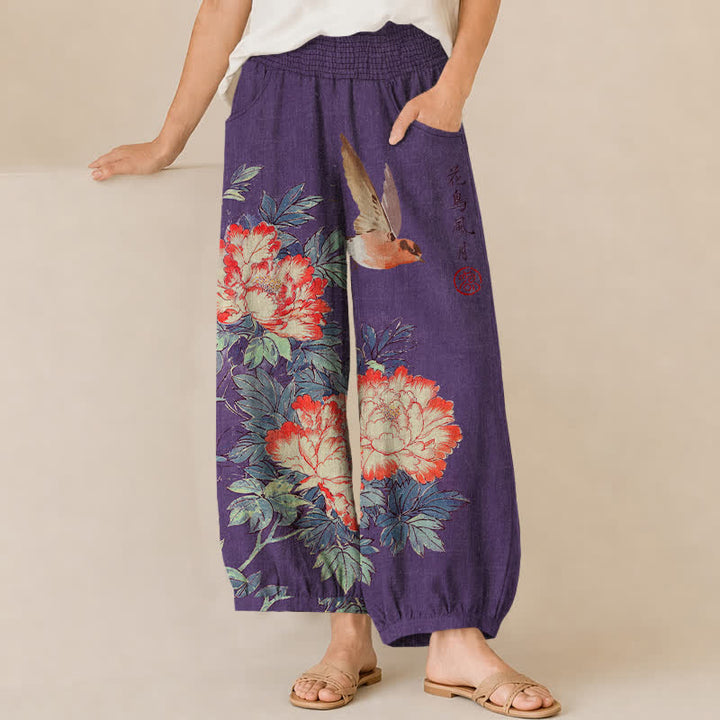 Buddha Stones Pantalones harem de algodón rojo con estampado de peonías y caligrafía, cintura elástica plisada para mujer y bolsillos. - Púrpura - US16，UK/AU20，EU48 (3XL) - image 6