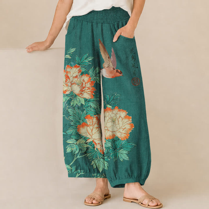 Buddha Stones Pantalones harem de algodón rojo con estampado de peonías y caligrafía, cintura elástica plisada para mujer y bolsillos. - Verdemar - US16，UK/AU20，EU48 (3XL) - image 10