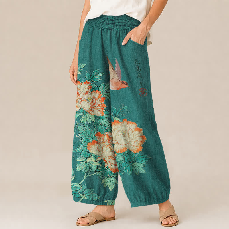 Buddha Stones Pantalones harem de algodón rojo con estampado de peonías y caligrafía, cintura elástica plisada para mujer y bolsillos. - image 11