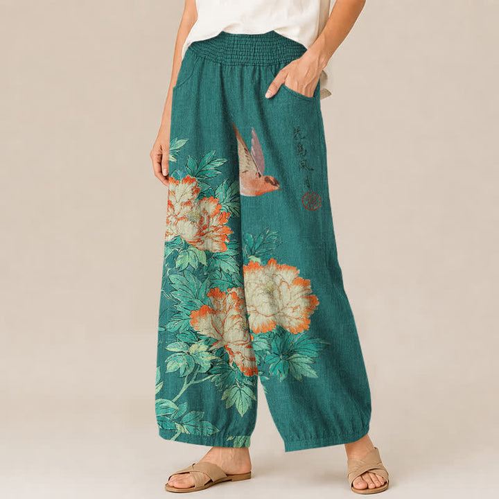 Buddha Stones Pantalones harem de algodón rojo con estampado de peonías y caligrafía, cintura elástica plisada para mujer y bolsillos. - image 11
