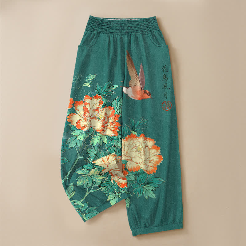 Buddha Stones Pantalones harem de algodón rojo con estampado de peonías y caligrafía, cintura elástica plisada para mujer y bolsillos. - image 13