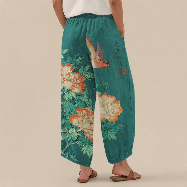 Buddha Stones Pantalones harem de algodón rojo con estampado de peonías y caligrafía, cintura elástica plisada para mujer y bolsillos. - image 12