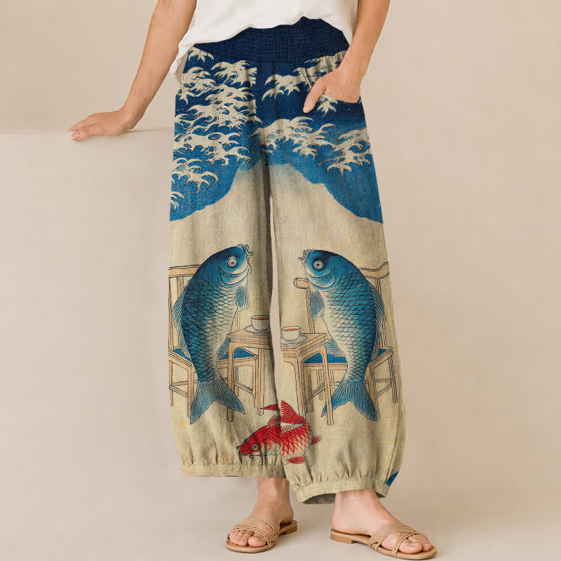 Buddha Stones Pantalones harem de algodón con estampado de olas de peces koi y cintura elástica plisada para mujer, con bolsillos. - Marina de guerra - US16，UK/AU20，EU48 (3XL) - image 0