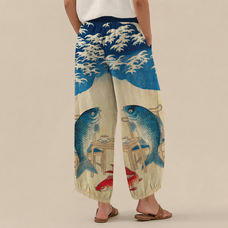 Buddha Stones Pantalones harem de algodón con estampado de olas de peces koi y cintura elástica plisada para mujer, con bolsillos. - image 2