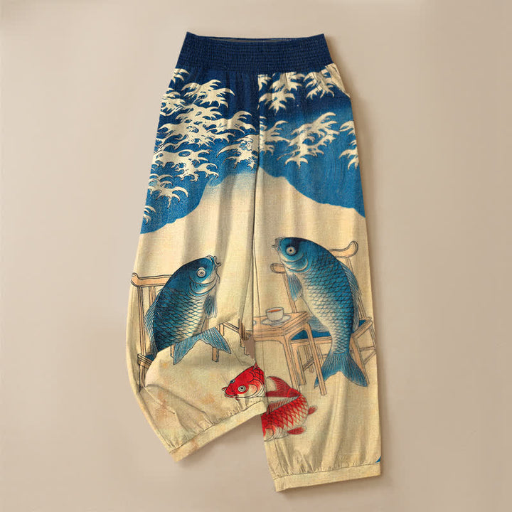 Buddha Stones Pantalones harem de algodón con estampado de olas de peces koi y cintura elástica plisada para mujer, con bolsillos. - image 3