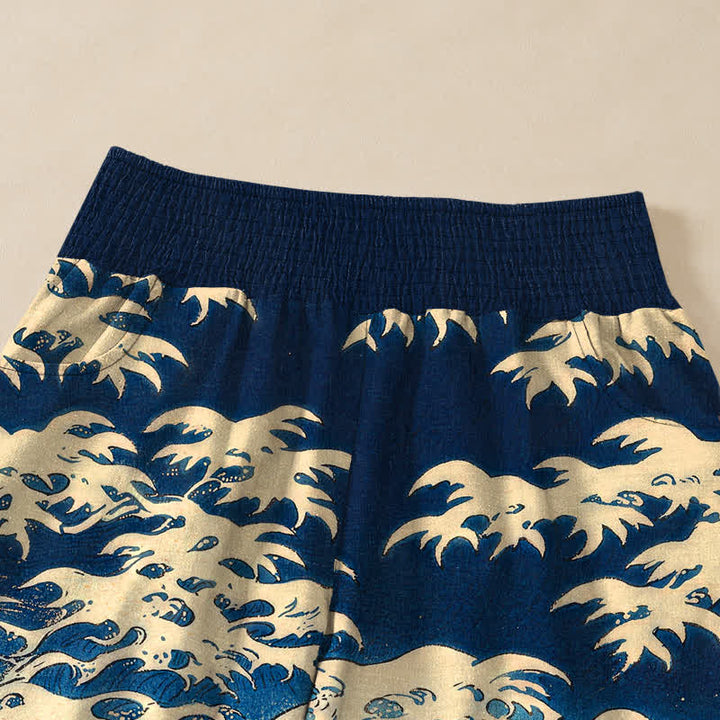 Buddha Stones Pantalones harem de algodón con estampado de olas de peces koi y cintura elástica plisada para mujer, con bolsillos. - image 4