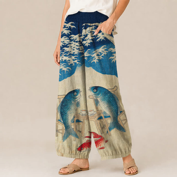 Buddha Stones Pantalones harem de algodón con estampado de olas de peces koi y cintura elástica plisada para mujer, con bolsillos. - image 1