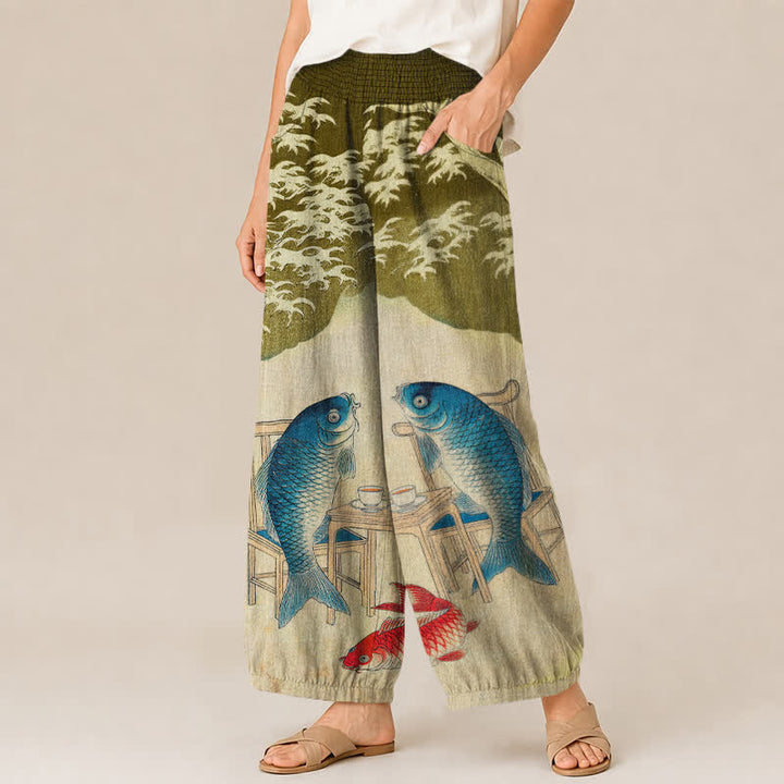 Buddha Stones Pantalones harem de algodón con estampado de olas de peces koi y cintura elástica plisada para mujer, con bolsillos. - image 7