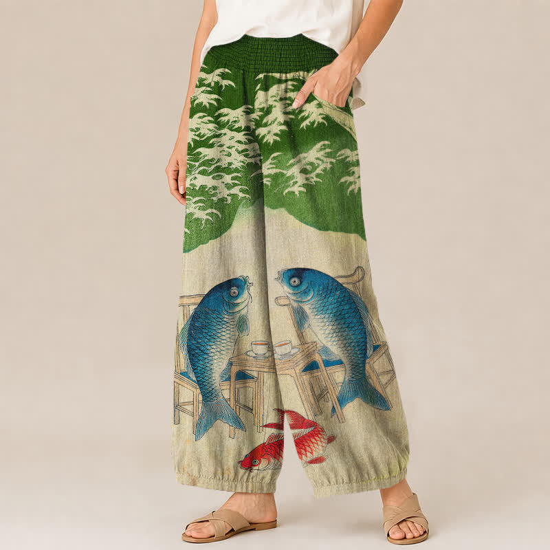 Buddha Stones Pantalones harem de algodón con estampado de olas de peces koi y cintura elástica plisada para mujer, con bolsillos. - image 11