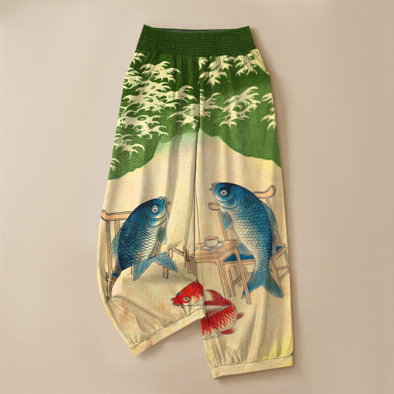 Buddha Stones Pantalones harem de algodón con estampado de olas de peces koi y cintura elástica plisada para mujer, con bolsillos. - image 13