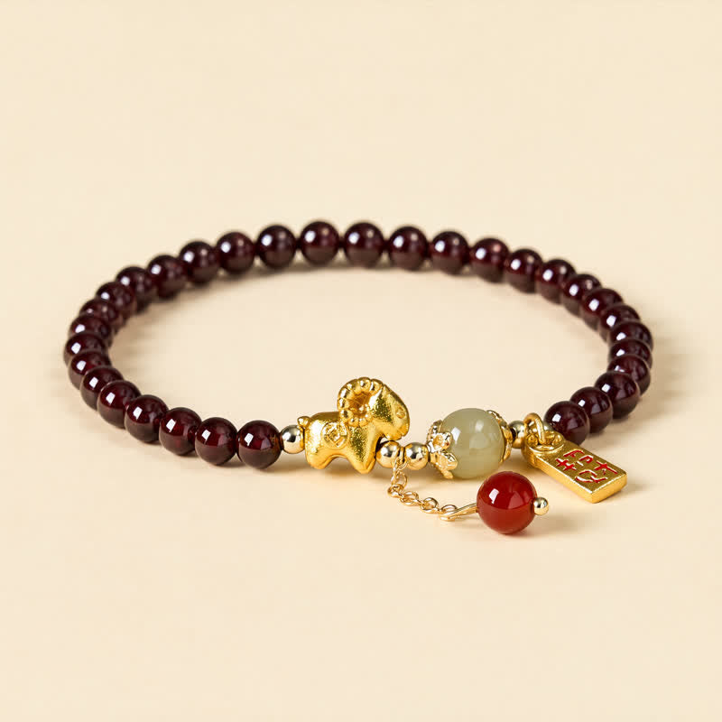Buddha Stones Pulsera de protección con monedas de personajes de oveja linda y granate del año de la cabra, Granate, Cordero Fu - Una moneda de cobre (circunferencia de la muñeca: 5,9-6,3 pulgadas / 15-16 cm) - image 8