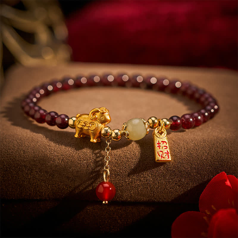 Buddha Stones Pulsera de protección con monedas de personajes de oveja linda y granate del año de la cabra, Granate, Cordero Fu - image 19