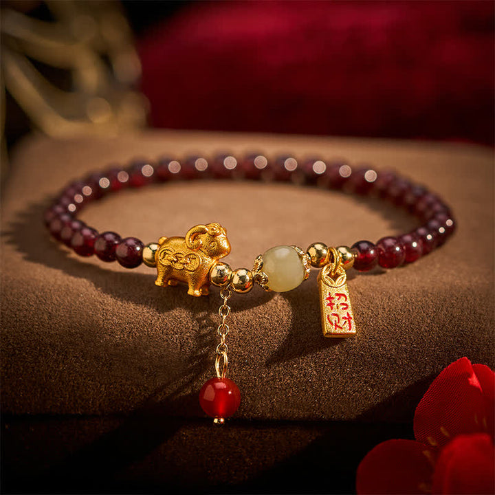 Buddha Stones Pulsera de protección con monedas de personajes de oveja linda y granate del año de la cabra, Granate, Cordero Fu - image 19