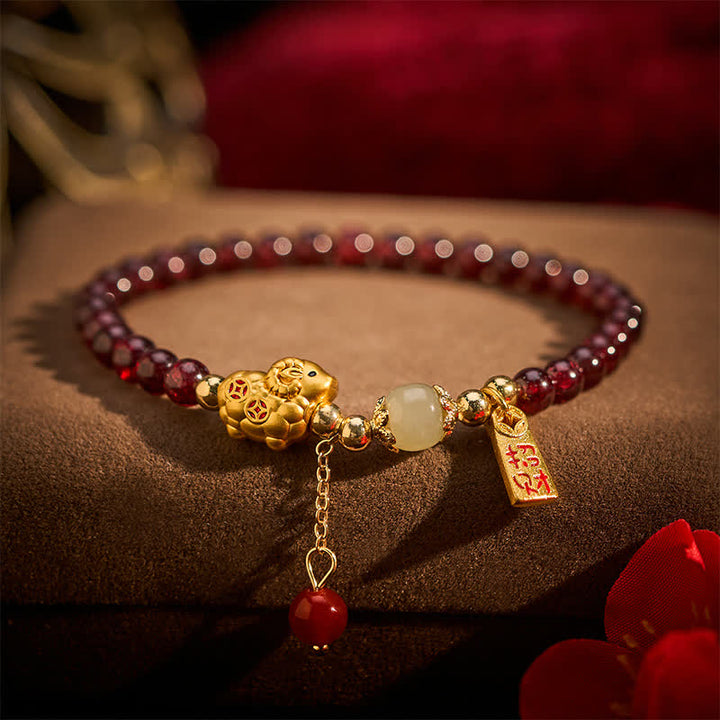 Buddha Stones Pulsera de protección con monedas de personajes de oveja linda y granate del año de la cabra, Granate, Cordero Fu - image 15