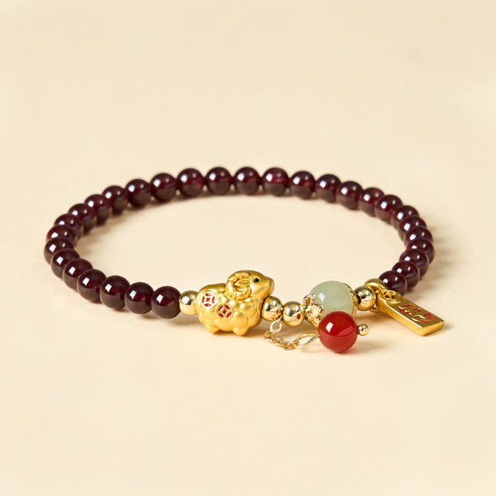 Buddha Stones Pulsera de protección con monedas de personajes de oveja linda y granate del año de la cabra, Granate, Cordero Fu - Dos monedas de cobre (circunferencia de la muñeca: 5,9-6,3 pulgadas / 15-16 cm) - image 12