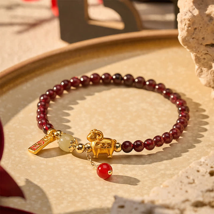 Buddha Stones Pulsera de protección con monedas de personajes de oveja linda y granate del año de la cabra, Granate, Cordero Fu - image 17