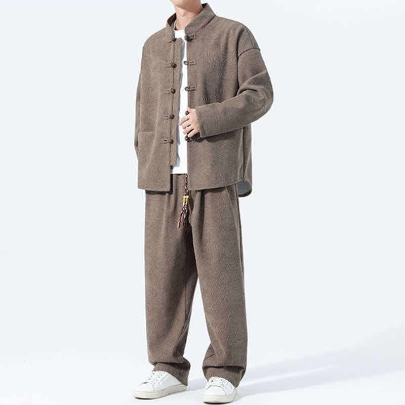 Buddha Stones Conjunto de 2 piezas de ropa de meditación para hombre, estilo Tang, informal, con cuello mandarín, botones de rana, de pana lisa y bolsillos, para otoño e invierno. - image 1