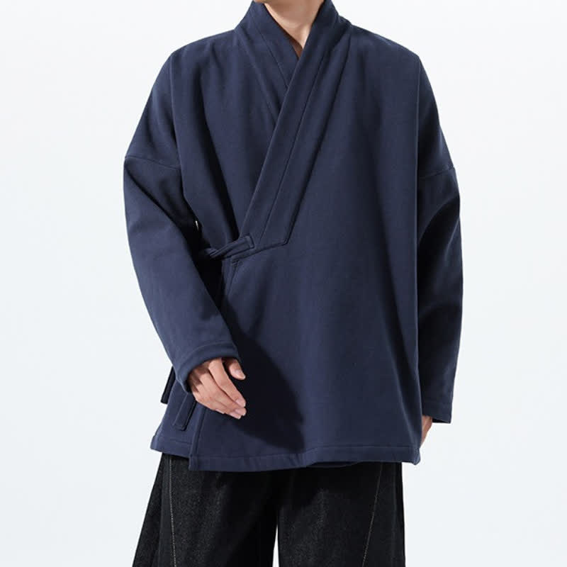 Buddha Stones Kimono de hombre de estilo Tang minimalista con cordón ajustable, color liso y grueso, ideal para otoño/invierno. - image 1