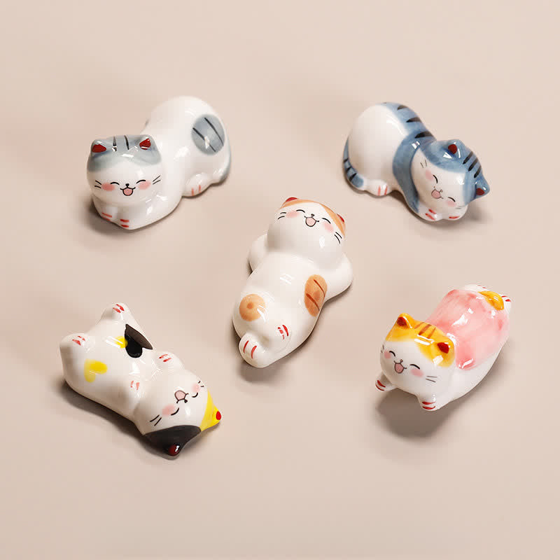 Buddha Stones Soporte pequeño de cerámica con forma de gato de la suerte para palillos de mesa - image 0