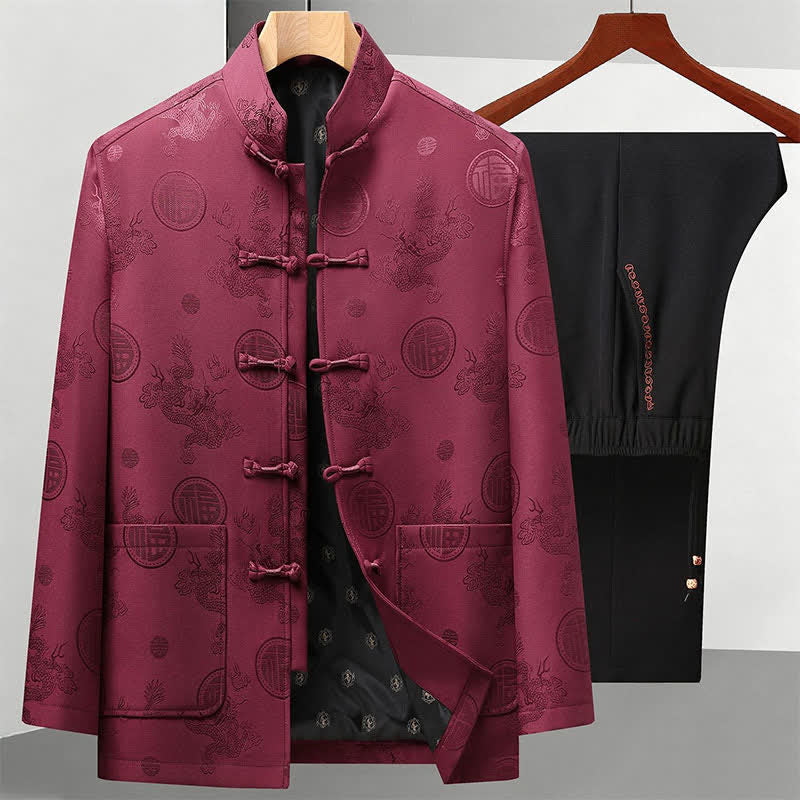 Buddha Stones Conjunto de 2 piezas de ropa de meditación para hombre estilo Tang vintage con cuello mandarín, botones de rana, diseño geométrico de dragón y bolsillos, ideal para otoño e invierno. - Chaqueta burdeos y pantalones negros - US/UK/AU44, EU54 (4XL) - image 0