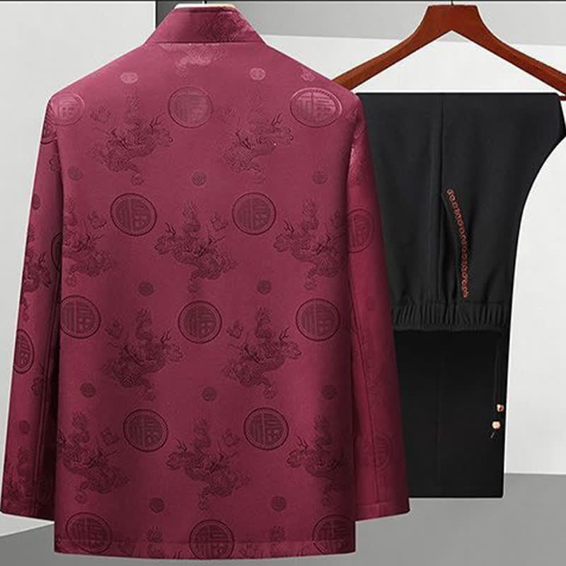 Buddha Stones Conjunto de 2 piezas de ropa de meditación para hombre estilo Tang vintage con cuello mandarín, botones de rana, diseño geométrico de dragón y bolsillos, ideal para otoño e invierno. - image 1