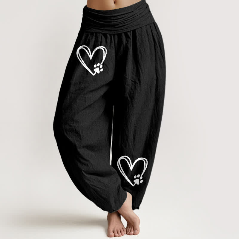 Buddha Stones Pantalones harem de algodón puro con estampado minimalista de corazón y huella de pata para mujer, con cintura elástica. - Negro - US16，UK/AU20，EU48 (3XL) - image 0