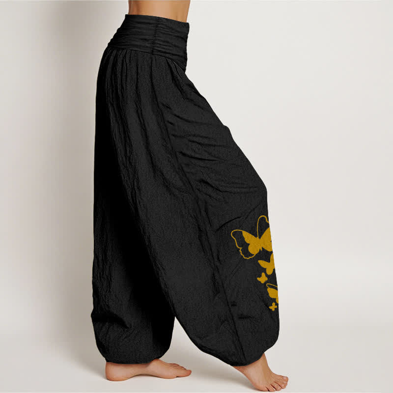 Buddha Stones Pantalones harem de mujer con cintura elástica y estampado de mariposas bohemias de algodón puro para mujer - image 1