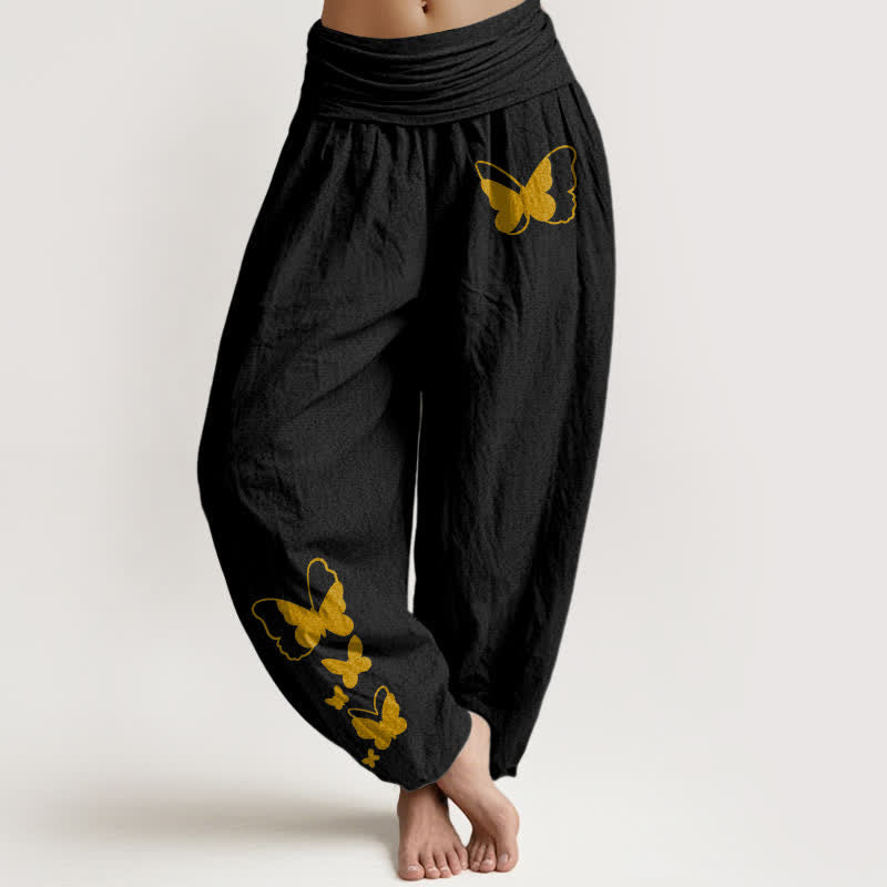 Buddha Stones Pantalones harem de mujer con cintura elástica y estampado de mariposas bohemias de algodón puro para mujer - Negro - US16，UK/AU20，EU48 (3XL) - image 0
